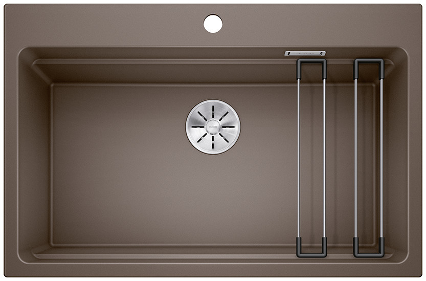 01232020_C_Web-PPT-JPG_150dpi_17059 - Τσιντώνης Πλακάκια Brown rectangular kitchen sink viewed from above with a circular silver drain centered, and two metal rack rods along the right side.