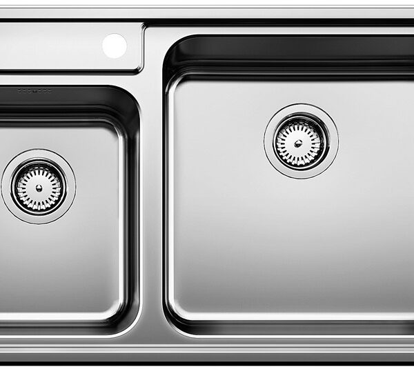 Double stainless steel kitchen sink with two basins—smaller left, larger right, chrome finish.