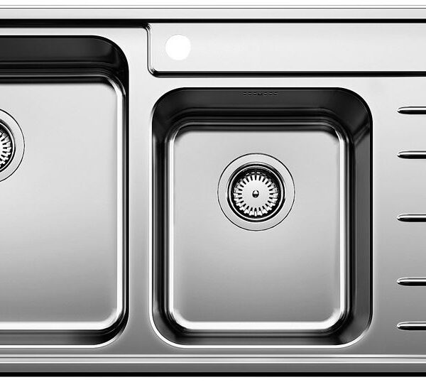 Stainless steel kitchen sink with two basins and a draining board on the right