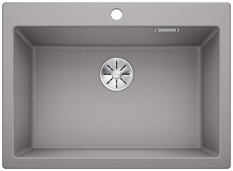 01476016_C_Web-PPT-JPG_150dpi_18552 - Τσιντώνης Πλακάκια Gray rectangular kitchen sink with a round metal drain in the center and a faucet hole above the basin edge.