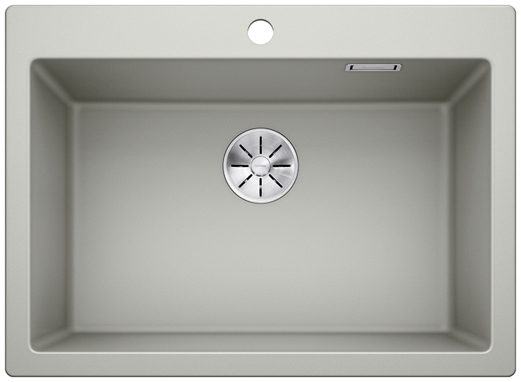 01476017_C_Web-PPT-JPG_150dpi_18554 - Τσιντώνης Πλακάκια Top-down view of a gray rectangular kitchen sink with a circular metal drain in the center.