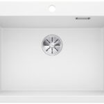 White rectangular kitchen sink with a central stainless steel drain.