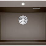 Brown rectangular kitchen sink with a central stainless steel drain and smooth matte finish.