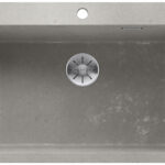 Rectangular gray kitchen sink with a round stainless-steel drain centered and a small overflow slot at the top edge.