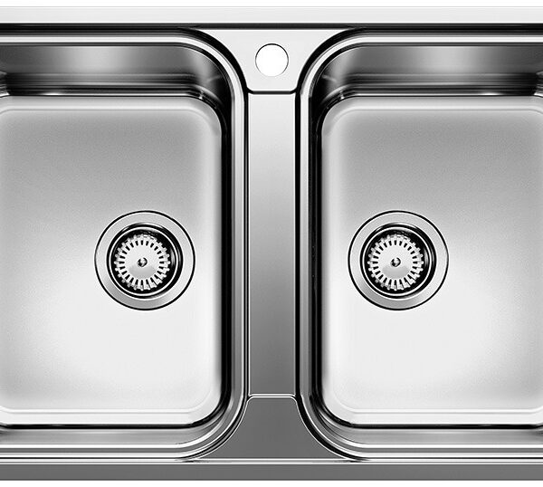 Top-down view of a stainless steel double kitchen sink with two basins and a center divider.