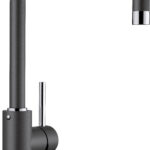Modern matte gray faucet with a tall curved arc spout and chrome accents.