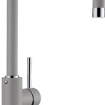 Modern gray matte kitchen faucet with a high curved spout and chrome accents/handles in a close-up shot.