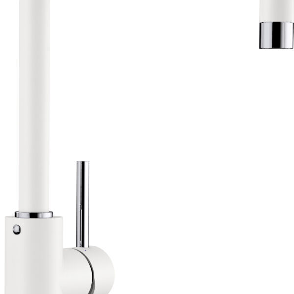 Close-up of a modern white faucet with a curved neck and chrome fittings.
