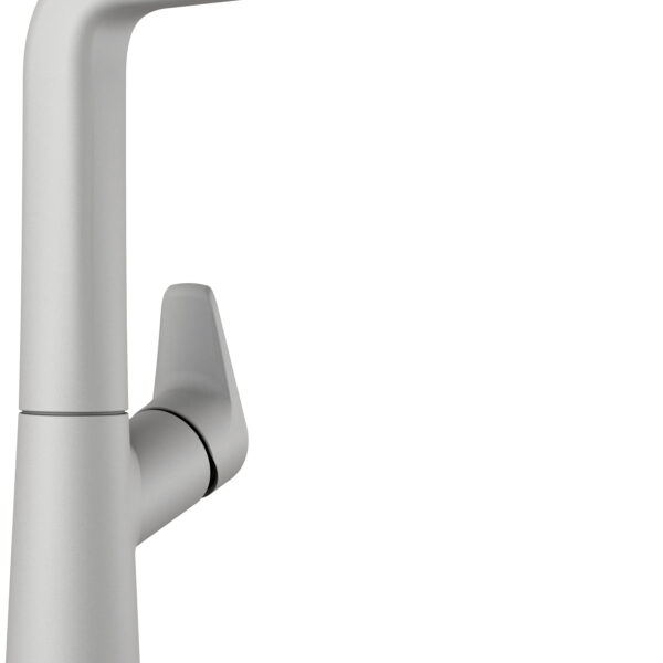 Close-up of a matte silver kitchen faucet with a curved spout and chrome tip.