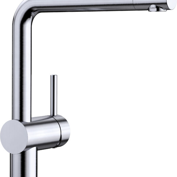 Chrome kitchen faucet with tall curved spout and lever handle—water outlet toward the right side.