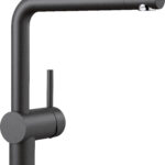 Matte black kitchen faucet with a tall curved spout and chrome ring at the base, shown from the side.