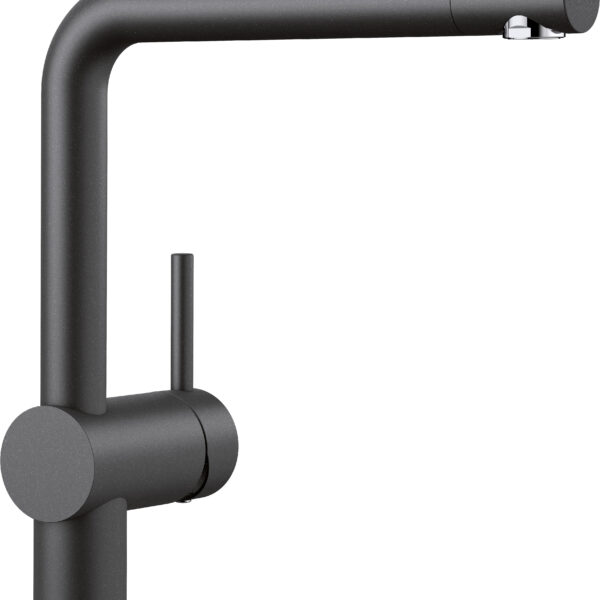 Matte black kitchen faucet with a tall curved spout and chrome ring at the base, shown from the side.