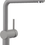 Modern gray matte faucet with a long curved arm and chrome base accents, shown from side.