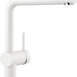 White robotic arm with cylindrical white segments and chrome joints, extending to the right.