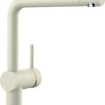 Beige matte-finish gooseneck kitchen faucet with chrome ringed base, shown from the side.