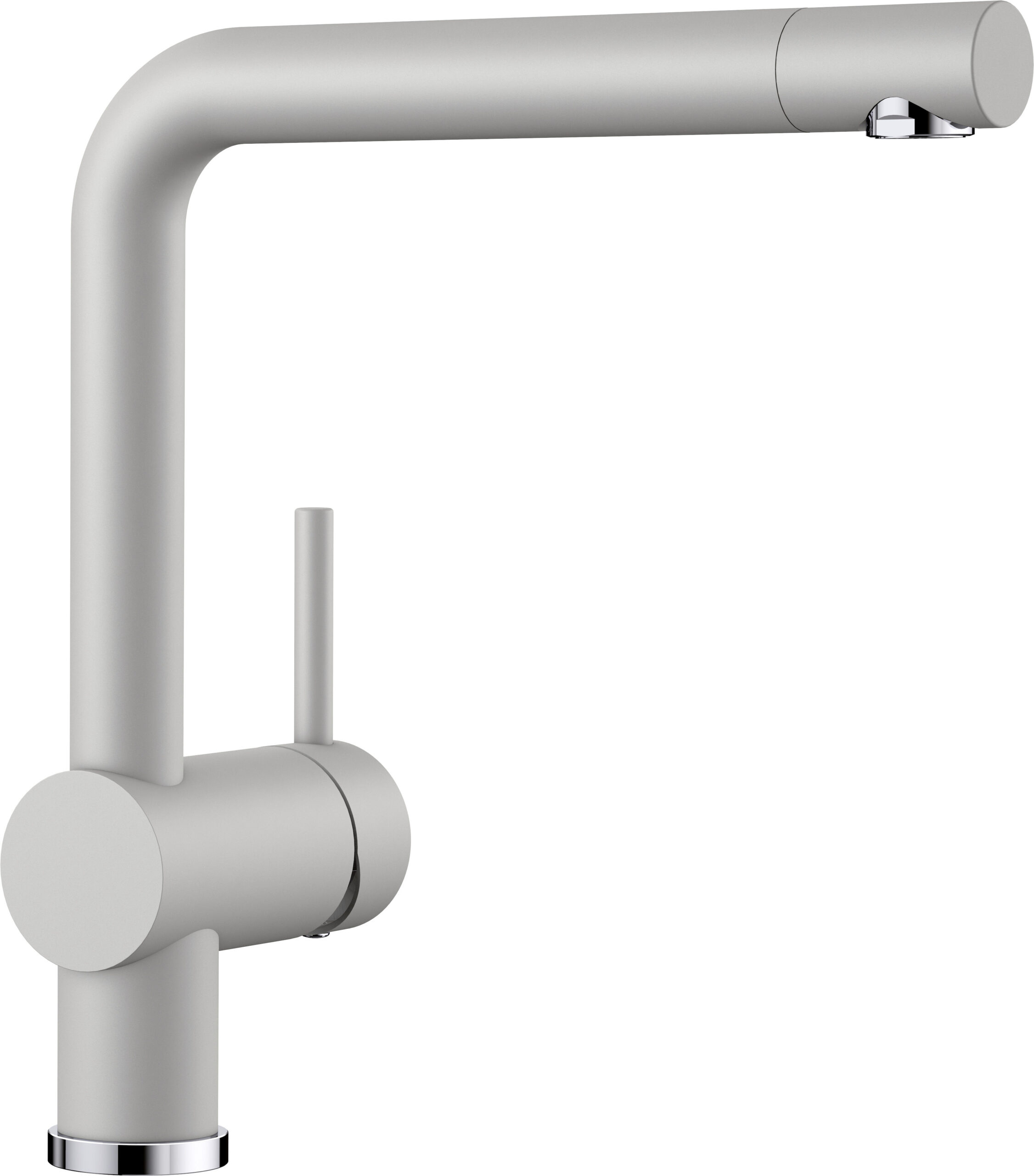 03850038g_C_Web-PPT-JPG_150dpi_22594 - Τσιντώνης Πλακάκια Close-up of a modern matte‑silver faucet with a curved horizontal spout and chrome base details, viewed from the side.