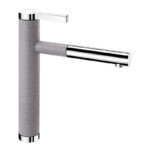 Modern single-handle kitchen faucet with brushed metal finish and chrome accents on the spout and base