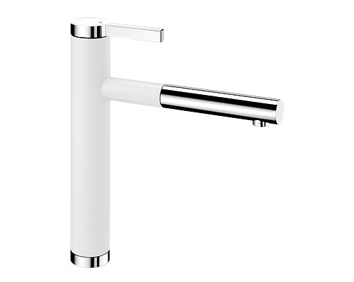 Modern white faucet with chrome accents and a single lever handle