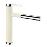 Beige and chrome single-handle kitchen faucet with a horizontal spout and chrome accents.