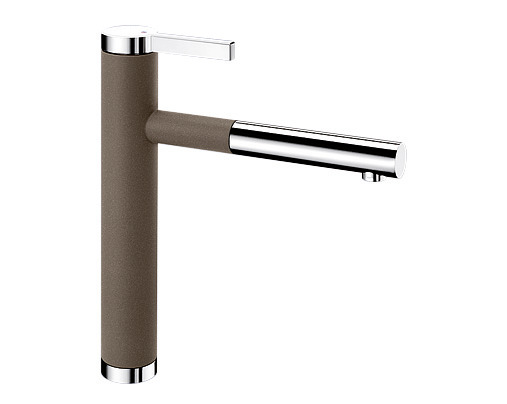 Modern brown and chrome faucet with a single lever on top for controlling water flow and temperature.