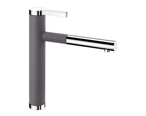 Modern kitchen faucet with a matte gray cylindrical body, chrome spout, and lever handle.