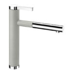 Modern chrome-and-grey single-handle kitchen faucet with a cylindrical spout against a white background