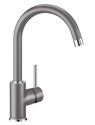 Modern stainless steel faucet with a high-arc curved spout and a single lever handle on the side.