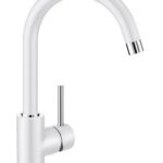 White modern faucet with a tall curved spout and single lever handle, chrome accents at base and tip