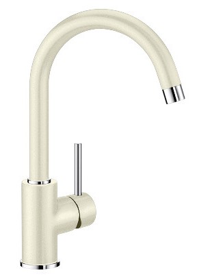 Cream-colored high-arc kitchen faucet with a single lever handle and chrome accents on the base and tip.