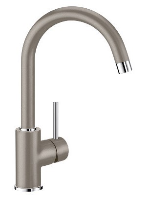 Brushed stainless kitchen faucet with a tall curved spout and a single lever handle on the side