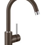 Brown kitchen faucet with a tall curved spout and a single lever handle for control