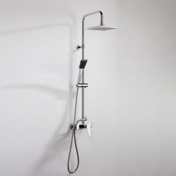 Chrome rainfall shower head on a vertical shower column with a handheld sprayer attached in a modern bathroom setting