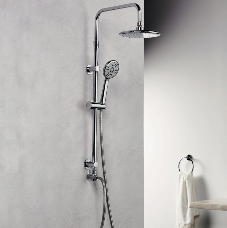 53230-1-tondo-768x769 - Τσιντώνης Πλακάκια Chrome shower system with a large rainfall head and handheld spray in a modern bathroom setting.