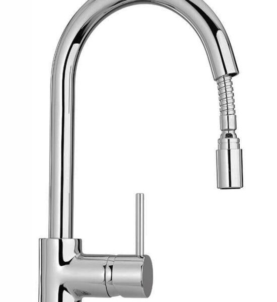 Chrome kitchen faucet with a curved spout and single lever handle on a white background, front view