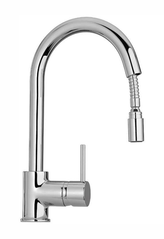 Cox-591-ντουζ-σπαστή - Τσιντώνης Πλακάκια Chrome kitchen faucet with a curved spout and single lever handle on a white background, front view