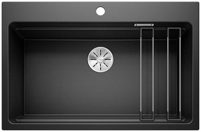 ETAGON_8_SGP_black_rails_525893_C_Web-PPT-JPG_150dpi_46291 - Τσιντώνης Πλακάκια Black rectangular kitchen sink with a stainless drain and a chrome drying rack on the right side.