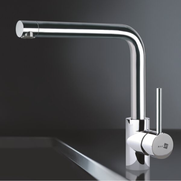 Chrome kitchen faucet with a tall curved spout and single lever handle on a reflective surface.