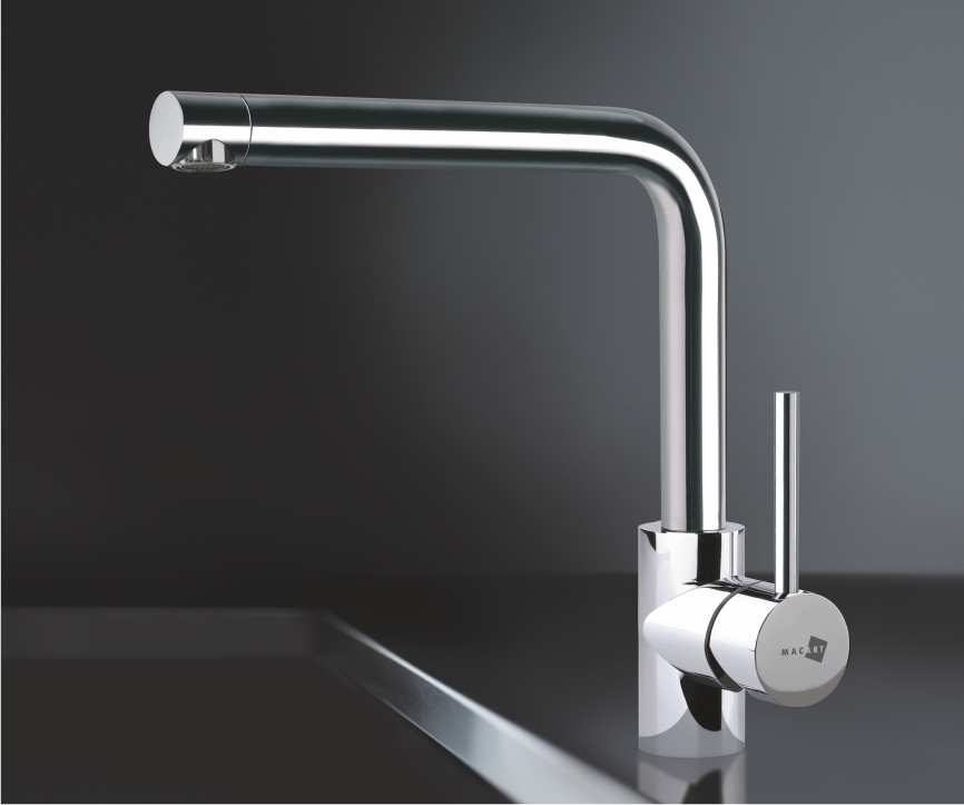 Idea-100 - Τσιντώνης Πλακάκια Chrome kitchen faucet with a tall curved spout and single lever handle on a reflective surface.