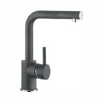 Matte black kitchen faucet with a tall curved spout and a side lever handle on a round baseplate ideal for a sink.