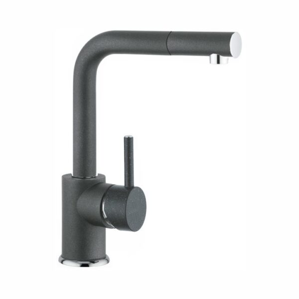 Matte black kitchen faucet with a tall curved spout and a side lever handle on a round baseplate ideal for a sink.