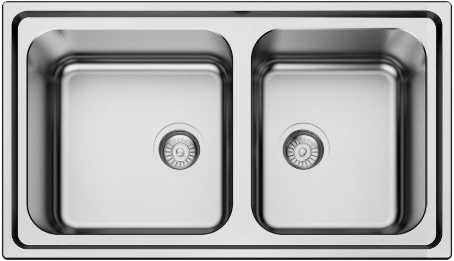 Iris-N175-3 - Τσιντώνης Πλακάκια Top-down view of a double stainless steel kitchen sink with two equal basins