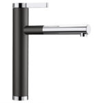 Modern black and chrome single-handle kitchen faucet with a tall cylindrical body and horizontal spout