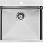 Single-basin stainless steel kitchen sink with a centered drain and rounded corners.