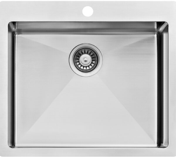 Single-basin stainless steel kitchen sink with a centered drain and rounded corners.