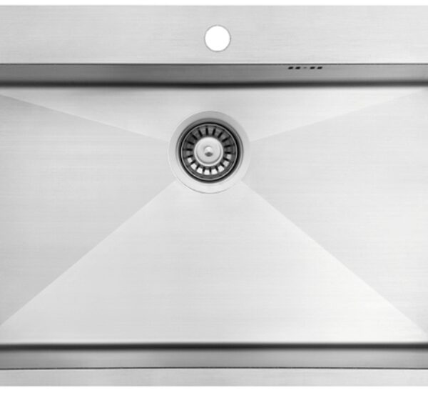 Stainless steel kitchen sink with a centered drain and a rounded mounting hole at the top edge, showing a reflective, brushed finish.