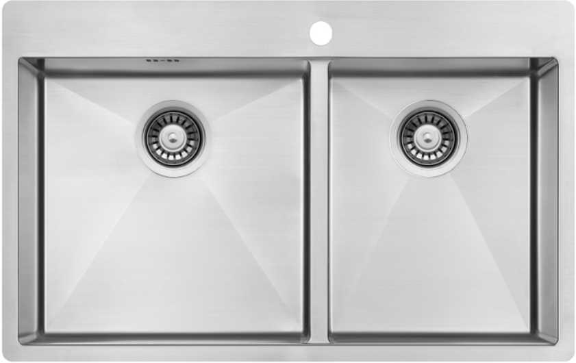 Legent-N175 - Τσιντώνης Πλακάκια Double-basin stainless steel kitchen sink with two equal bowls and a faucet hole in the counter above.