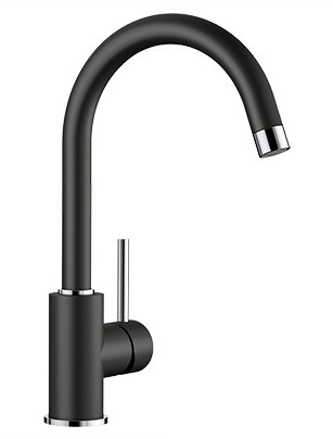 Black matte gooseneck kitchen faucet with a single chrome lever handle and cylindrical base.