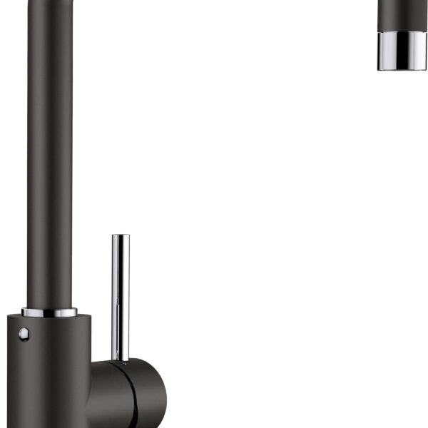 Black matte kitchen faucet with a tall, curved spout and chrome accents on the lever and base surface.