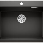 Black rectangular kitchen sink with a central stainless steel drain and a pre-cut faucet hole at the top edge.