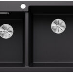 Double black kitchen sink with two square basins and circular metal drains; faucet hole centered at the top edge.